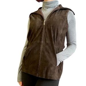 Vtg Saks Fifth Avenue Real Clothes Brown Suede Leather Merino Wool Sweater Vest